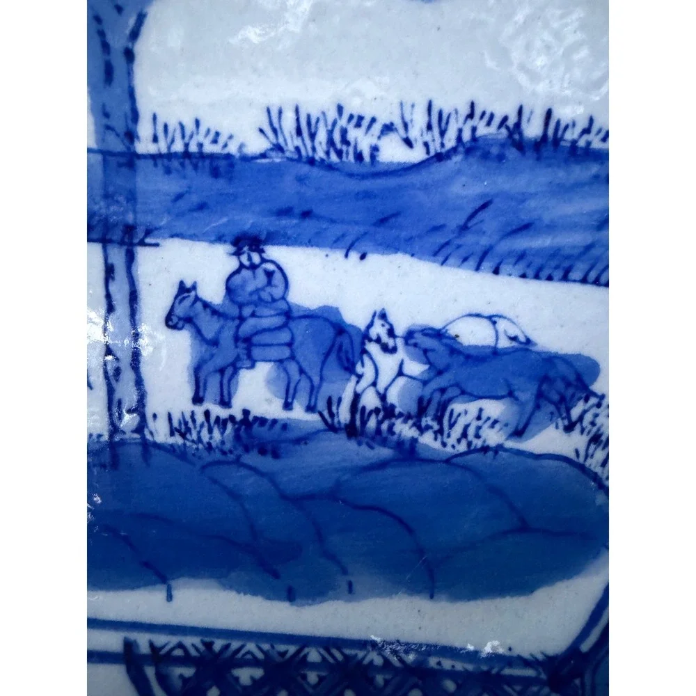Vintage Blue + White Porcelain Rectangular Platter | Chinoiserie Horse Landscape